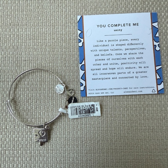 NWT Alex and Ani You Complete Me Blue Puzzle Piece Autism Shiny Silver Bracelet - Picture 3 of 4